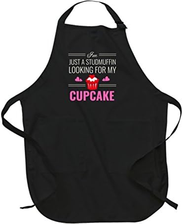 PHOENIX FINDS TREASURES Funny Baking Apron With Pockets I'm Just A Studmuffin Looking For My Cupcake Adjustable Neck Tie Sleeveless Smock Long Romper Pinafore L Black