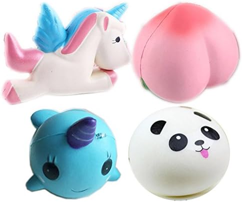 Schen Slow Rising Jumbo Animal Squishy Unicorn Narwhal Whale Panda and Peach Cartoon Squishies Kawaii Soft Squeeze Toys Stress Relief Toys For Kids and Adults, 4Pack