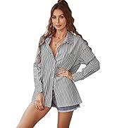 KAYWIDE Women's Vertical Stripes Button Down Shirts Casual Long Sleeves Lapel Collar Colorblock P...