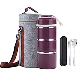 WORTHBUY Bento Lunch Box Stackable Stainless Steel Thermal Bento Box Food Storage Containers with Insulated Lunch Bag and Portable Cutlery Spoon Fork for Adults Women Men Kids(Purple)