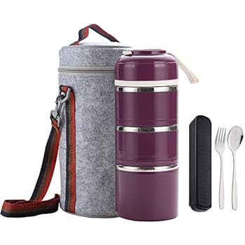WORTHBUY Bento Lunch Box Stackable Stainless Steel Thermal Bento Box Food Storage Containers with Insulated Lunch Bag and Portable Cutlery Spoon Fork for Adults Women Men Kids(Purple)