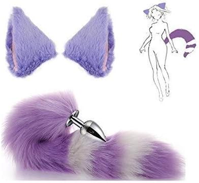 Purple Furry Fox Tail, Cat Ears Clips an-âl Pl-ùg Kit for Role Play Costume