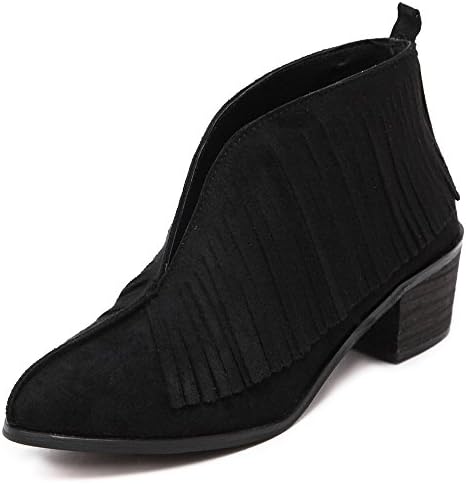 Women Heel Shoes Scrub Leather Tassels Short Boots Black
