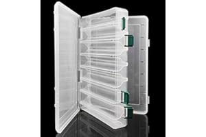 MILEPETUS Double-Sided Fishing Lure Hook Tackle Box Visible Hard Plastic Clear Fishing Lure Bait Squid Jig Minnows Hooks Accessory Storage Case Container (Clear-14 Slots)