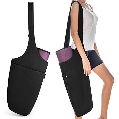 Gonex Yoga Mat Bag, Yoga Mat Carry Bag Tote Sling Carrier for Women with 1 Large Open Pocket & 1 Interior Zipper Pocket Adjustable Shoulder Strap Washed Canvas, Black