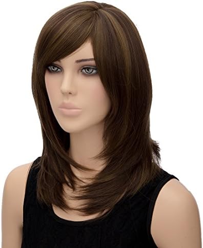 Straight Dark Brown Wigs Medium Length Strands Wigs with Bangs High Resistant Synthetic Wigs 16 Inch