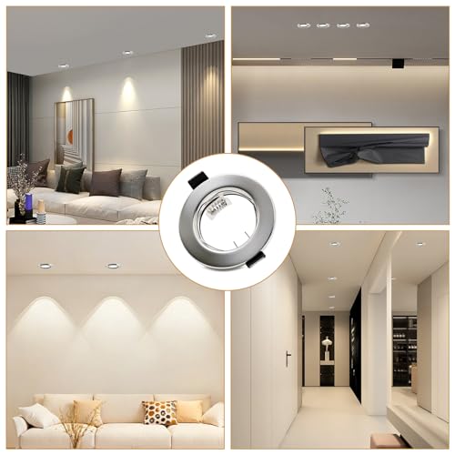 Recessed Frame for Spotlights – Brushed Metal Round, Incl. Socket for GU10 | Fit for 55-70 mm Holes | For 50 mm Lamp | Porthole Frame – Ideal for Bathroom, Living Room, Kitchen | 24 Pack