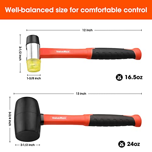 ValueMax Rubber Mallet, 16oz Rubber Mallet Hammer And 35mm Double-Faced Soft Mallet, Fiberglass Handle With Soft Grip, Solid Head, 2 Piece Black Mallet Set