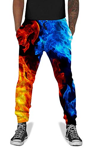 Loveternal Teen Cool 3D Digital Print Graphics Blue Fire Parachute Joggers Rock Style Long Sweatpants for Men Pants Sports Sweatpants Funny Party Clothes L