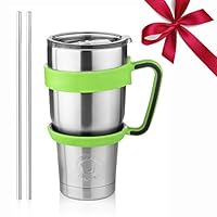 Stainless Steel Tumbler Travel Mug - 30 Oz Tumbler Insulated Coffee Mug with Removable Handle No-Spill Lid and 2 Stainless Steel Straws (Green Grip)