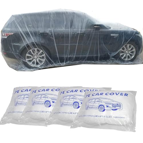 4Pack- Universal Disposable Car Cover Waterproof All Weather, Clear Plastic Car Cover, Car Covers for Automobiles Light Weigh, Rain Dust Garage Cover with Elastic Band (LL 15.7 Ft * 24.6 Ft)