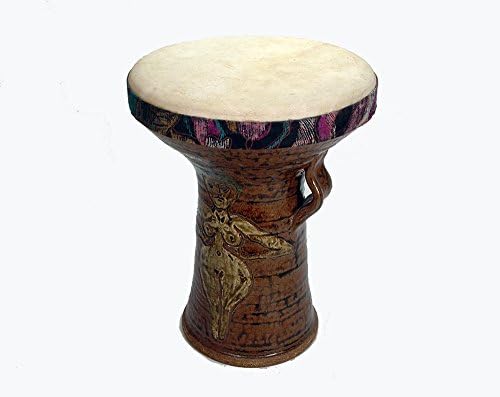 Stoneware Pottery Doumbek Hand Drum, Goddess Antler Design Goatskin Head