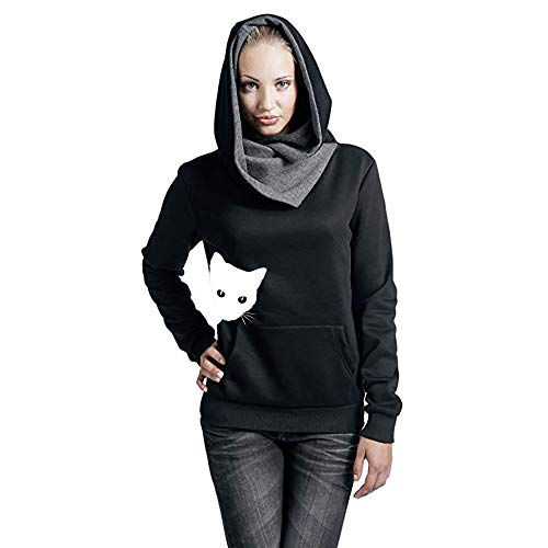 Women Cat Printing Blouse Duseedik Cowl Neck Solid Long Sleeve Plus Size Pullover Shirts Tops Sweatshirt