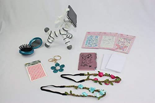 Horse Cell Phone Stand (White/Grey), Flower Charm Keychain, Designer Flip Note pad &amp; Refills, Compact Hairbrush, Flower Headbands, &amp; Decorative Crystal Stickers - 12 Item Bundle