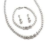 USABride Simulated Pearl & Rhinestone 3-Piece Jewelry Set, Silver Plated Necklace Bracelet & Earrings 549 SV