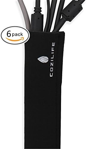 Cable Sleeves with Cable Velcro Belts – 20” Each, Pack of 6, Cable Wrap for Management, Zip-up Design, Dust-proof, 16 Ethernet-Cable-Size Capacity, Neoprene Black, by COZILIFE
