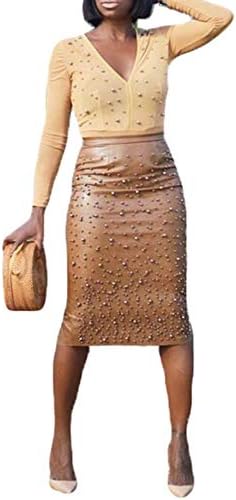 Ussuperstar Women's Sexy Sequins Hip Package Pencil Midi Skirts for Work Party