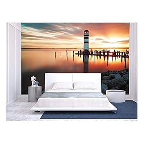 Landscape Ocean Sunset - Lighthouse - Removable Wall Mural | Self-Adhesive Large Wallpaper - 66x96 inches