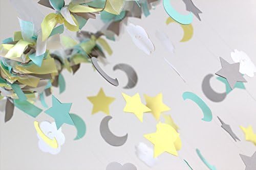 Star, Moon &amp; Cloud Nursery Mobile in Aqua, Gray, Yellow &amp; White