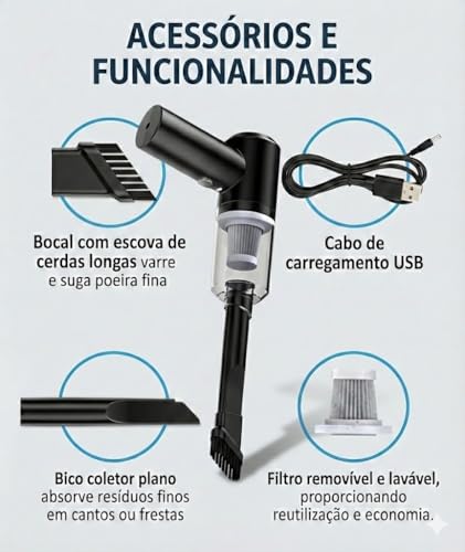 Aspirador Automotivo Portátil Sem Fio 3 em 1 USB - Potente, Recarregável, Função Soprador, Filtro Lavável, Ideal para Carro, Casa e Escritório– Linha PREMIUM