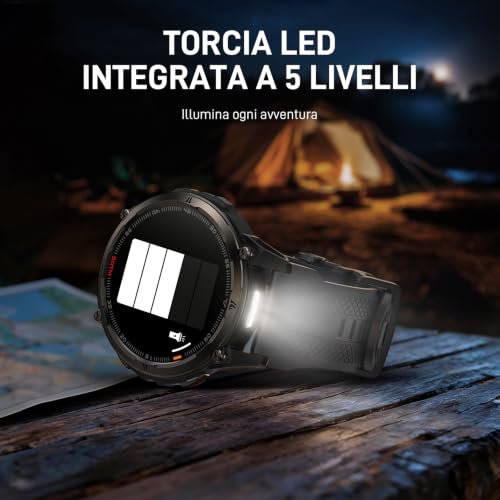 KOSPET ORB 2 Smartwatch uomo Rugged, GPS Dual-band, Impermeabile IP69&5ATM | Batteria da 500mAh, Torcia LED Integrata, 170+ Modalità Sportive, Monitor della Salute, Compatibile con Android & iPhone Nero