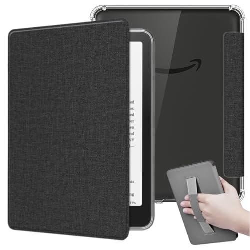 Capa de Tecido Para Kindle 11ª Geração 6” (Modelos 2022 e 2024 – C2V2L3 e RS23CV) – Proteção Leve e Rígida – Auto Hibernação – Fechamento Magnético – Traseira Transparente e Alça de Suporte (Preto)