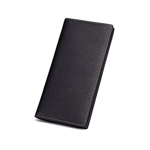 MONHINTY Men's Genuine Leather Multi-Card Long Bifold Wallet Black
