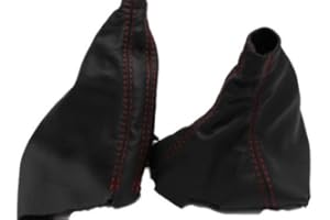 KAR DESIGNERS Fits 2008-2016 Subaru Impreza WRX Synthetic Black Leather Shift & E-Brake Boot with Red stitching. (Skin Only)