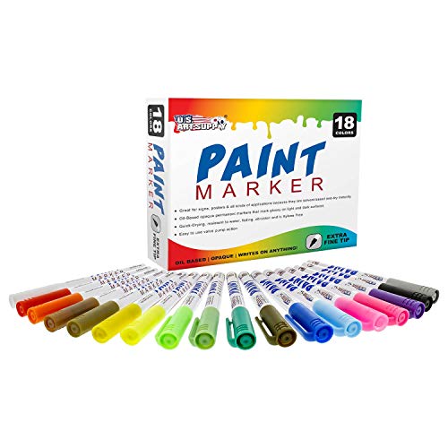 U.S. Art Supply 18 Color Set of Extra Fine Point Tip Oil Based Paint Pen Markers - Permanent Ink That Works on Most Surfaces Glass, Wood, Metal, Rubber, Rocks, Stone, Arts, Crafts & Tools