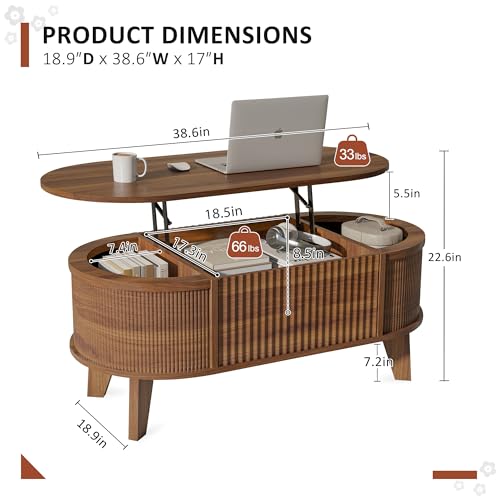LYNCOHOME Fluted Lift Top Coffee Table with Hidden Compartment, Modern Oval Coffee Table for Living Room, Home Office, Walnut