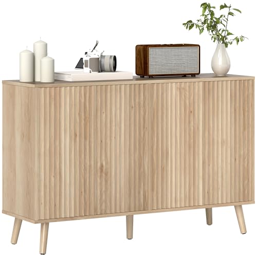 HOMCOM 47" Sideboard Buffet Cabinet with Storage, Modern Fluted Coffee Bar Cabinet with Adjustable Shelves and Wood Legs, Kitchen Credenza, Oak