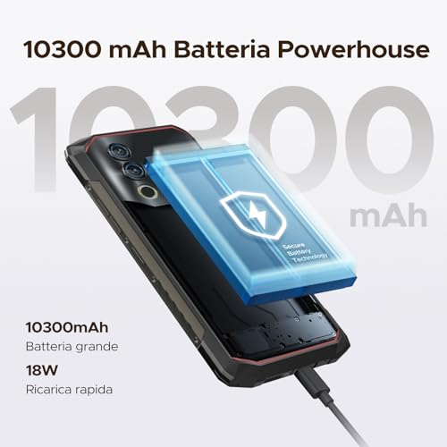 Blade 10 Power Rugged Smartphone Android 16, 10300mAh, 24GB+256GB Telefono Indistruttibile, 90Hz 6.6" HD+IPS, 50MP+8MP Smartphone Rugged, Triple Card Slot,Fingerprint ID/Face Unlock/NFC/OTG, Nero