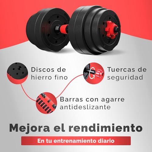 Juego de Mancuernas Ajustables 2 en 1-10kg 20kg 35kg - Kit de Pesas con Barra Recta Ajustable y Antideslizante - Pesas y Mancuernas Discos Recubiertos y Agarre Antideslizante - 20 kg