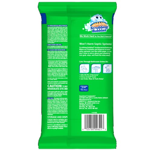 SCRUBBING BUBBLES ANTIBACTERIAL BATHROOM FLUSHABLE WIPES, FLUSHABLE AND RESEALABLE CLEANING WIPES, CITRUS ACTION, 36 WIPES
