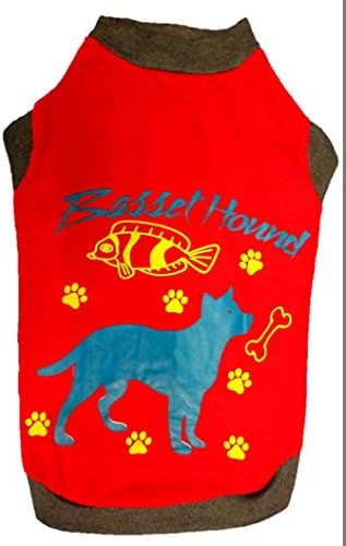MUNCHOS Soft and Comfortable Cotton Summer T-Shirt for Dogs (Basset Hound Printed) (No.16 Weight - 57gm, Red)