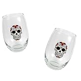 GENERIC CLOTHING Spreading Love 2 You:(2) Colorful Day of the Dead Sugar Skull Stemless Wine Glasses. great to add to your decor. Dia de los Muertos, Holiday, Halloween and more
