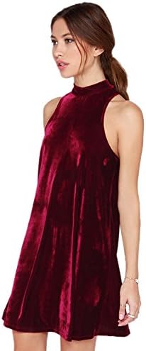 Women High Neck Halter Sleeveless Pleated Velvet Swing Party Mini Dress Burgundy