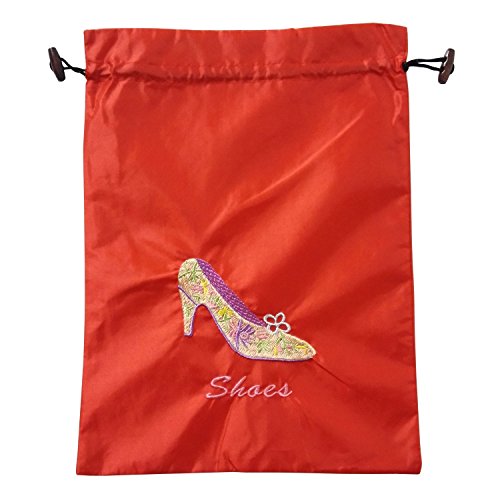 Gold Fortune 4 Packs 10.5" x 14" (L x W) Embroidered Silk Jacquard Travel Lingerie and Shoes Bags with Drawstring Closure (Red)
