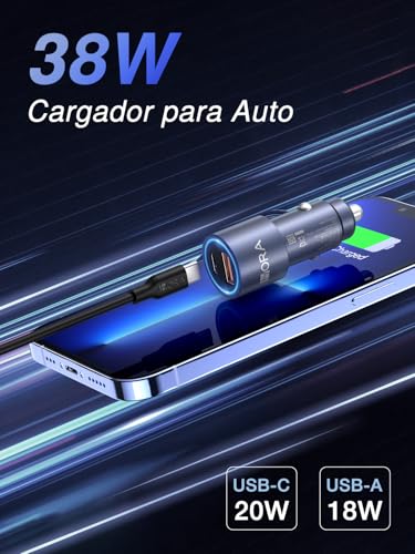 1 Hora Cargador para Auto 38W con 2 Puertos USB-C y USB-A, PD 20W y QC 3.0 18W con Cable USB C a USB C, Compatible con iPhone 17/16/15 Pro MAX, Galaxy S25 Ultra, Pixel y Android (1 Paquete)