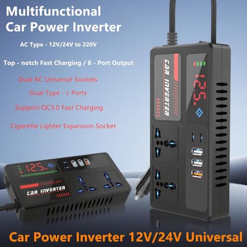 200W Car Power Inverter, DC 12/24V to 220V AC Converter with 3 USB 2 Type-C Ports, LED Screen Display, Switch Control for Cars SUV Truck