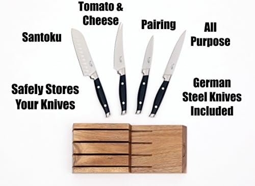 4 Knife Food Preparation Starter Cutlery Set with Solid Acacia In Drawer Storage Knife Block Included, Knives with German Steel