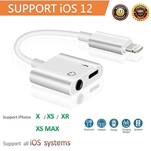 Headphone Jack Adapter Dongle for iPhone Xs/Xs Max/XR/ 8/8 Plus/X (10) / 7/7 Plus Adapter to 3.5mm Jack Converter Car Charge Accessories Cables & Audio Connector 2 in 1 Earphone Splitter Adaptor