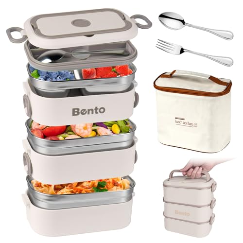 LEMONSEA Bento Box, Lunch Box de 3 Capas de 2400 ml, Toppers para Lunch Antifugas, Acero Inoxidable y Material PP, Bento Lunch Box con Bolsa para Almuerzo y Cubierto, Adecuado para Escuelas y Oficinas