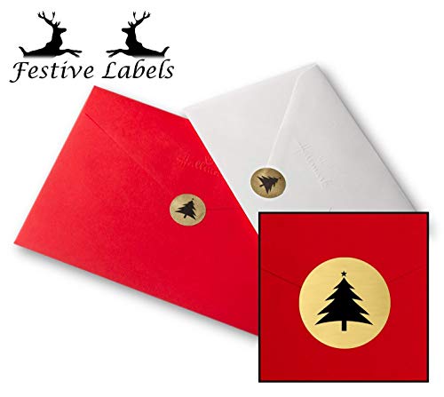 140x Round Metallic Gold Card Envelope Seals, Festive Labels Christmas Tree 1in Diameter Circular Permanent Self-Adhesive Golden Printed Stickers, for Xmas Greeting Cards/Bags/Gift Wrapping Presents