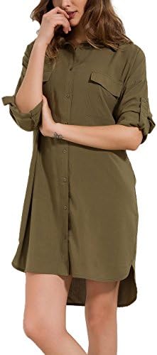 Women's Shirt Dress Long Sleeve Loose Button Down Swing Dress Knee Length 033 (Army, XXL)