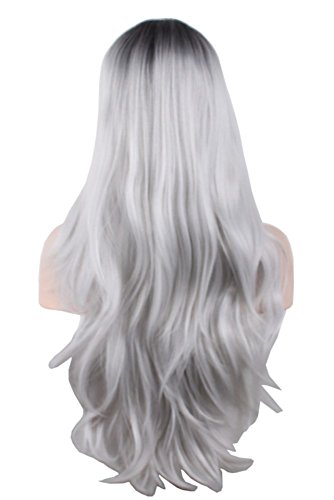 Aneshe Grey Ombre Wig Long Wavy Black To Silver Gray Wigs With