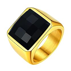 U7 Mens Black Onyx Rings 18K Gold Plated Stainless