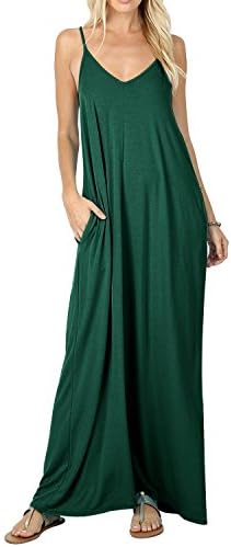 Stokeen Womens Summer Casual Plain Swing Pockets Loose Beach Spaghetti Strap Maxi Dress (L, Dark Green)