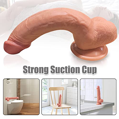 SHEQU Realistic Dildo with Suction Cup for Vagina & Anal Play, 8.8 Inch Ultra-soft Flexible Silicone Penis Dong with Lifelike Glans and Balls for Hands-free Play, Sex Toy for Women Masturbation(Shawn)