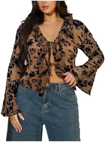 Amazon.com: GORGLITTER Women's Bell Sleeve Tie Front Y2K Tops
